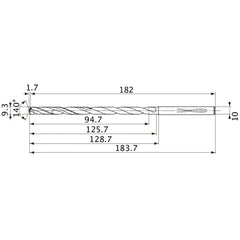MVS0930X10S100 DP1020 9.3 mm Dia. × 10 mm Shank × 125.7 mm Flute Length × 183.7 mm OAL, 140°, 2 Flute, Coolant Thru, Solid Carbide Drill