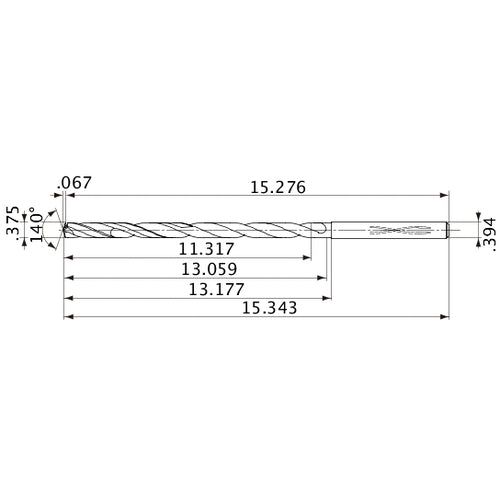MVS0953X30S100 DP1020 3/8″ Dia. × 0.394″ Shank × 13.059″ Flute Length × 15.343″ OAL, 140°, 2 Flute, Coolant Thru, Solid Carbide Drill