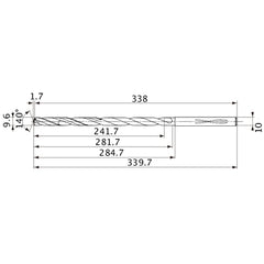MVS0960X25S100 DP1020 9.6 mm Dia. × 10 mm Shank × 281.7 mm Flute Length × 339.7 mm OAL, 140°, 2 Flute, Coolant Thru, Solid Carbide Drill