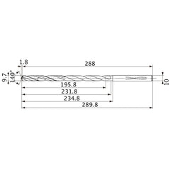 MVS0970X20S100 DP1020 9.7 mm Dia. × 10 mm Shank × 231.8 mm Flute Length × 289.8 mm OAL, 140°, 2 Flute, Coolant Thru, Solid Carbide Drill