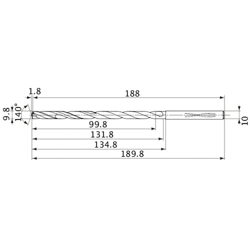 MVS0980X10S100 DP1020 9.8 mm Dia. × 10 mm Shank × 131.8 mm Flute Length × 189.8 mm OAL, 140°, 2 Flute, Coolant Thru, Solid Carbide Drill