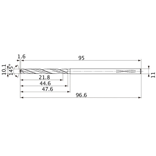 MVS1010X02S110PL DP1020 10.1 mm Dia. × 11 mm Shank × 44.6 mm Flute Length × 96.6 mm OAL, 145°, 2 Flute, Coolant Thru, Solid Carbide Drill