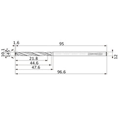 MVS1010X02S120PL DP1020 10.1 mm Dia. × 12 mm Shank × 44.6 mm Flute Length × 96.6 mm OAL, 145°, 2 Flute, Coolant Thru, Solid Carbide Drill