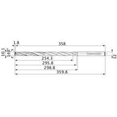 MVS1010X25S120 DP1020 10.1 mm Dia. × 12 mm Shank × 295.8 mm Flute Length × 359.8 mm OAL, 140°, 2 Flute, Coolant Thru, Solid Carbide Drill