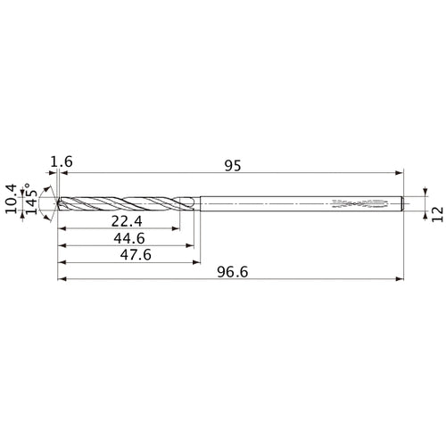 MVS1040X02S120PL DP1020 10.4 mm Dia. × 12 mm Shank × 44.6 mm Flute Length × 96.6 mm OAL, 145°, 2 Flute, Coolant Thru, Solid Carbide Drill