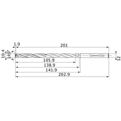 MVS1040X10S120 DP1020 10.4 mm Dia. × 12 mm Shank × 138.9 mm Flute Length × 202.9 mm OAL, 140°, 2 Flute, Coolant Thru, Solid Carbide Drill