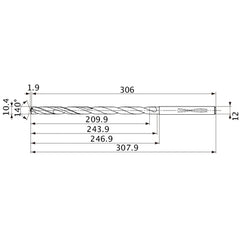 MVS1040X20S120 DP1020 10.4 mm Dia. × 12 mm Shank × 243.9 mm Flute Length × 307.9 mm OAL, 140°, 2 Flute, Coolant Thru, Solid Carbide Drill