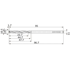 MVS1050X02S110PL DP1020 10.5 mm Dia. × 11 mm Shank × 44.7 mm Flute Length × 96.7 mm OAL, 145°, 2 Flute, Coolant Thru, Solid Carbide Drill