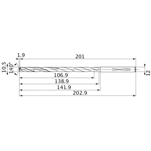 MVS1050X10S120 DP1020 10.5 mm Dia. × 12 mm Shank × 138.9 mm Flute Length × 202.9 mm OAL, 140°, 2 Flute, Coolant Thru, Solid Carbide Drill