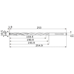 MVS1050X15S110 DP1020 10.5 mm Dia. × 11 mm Shank × 190.9 mm Flute Length × 254.9 mm OAL, 140°, 2 Flute, Coolant Thru, Solid Carbide Drill