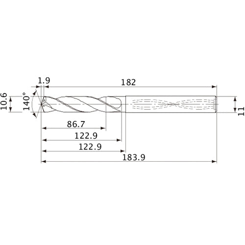 MVS1060X08S110 DP1020 10.6 mm Dia. × 11 mm Shank × 122.9 mm Flute Length × 183.9 mm OAL, 140°, 2 Flute, Coolant Thru, Solid Carbide Drill