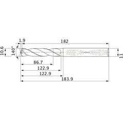 MVS1060X08S110 DP1020 10.6 mm Dia. × 11 mm Shank × 122.9 mm Flute Length × 183.9 mm OAL, 140°, 2 Flute, Coolant Thru, Solid Carbide Drill
