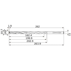 MVS1070X15S110 DP1020 10.7 mm Dia. × 11 mm Shank × 199.9 mm Flute Length × 263.9 mm OAL, 140°, 2 Flute, Coolant Thru, Solid Carbide Drill