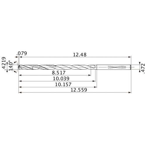 MVS1072X20S120 DP1020 0.4219″ Dia. × 0.472″ Shank × 10.039″ Flute Length × 12.559″ OAL, 140°, 2 Flute, Coolant Thru, Solid Carbide Drill