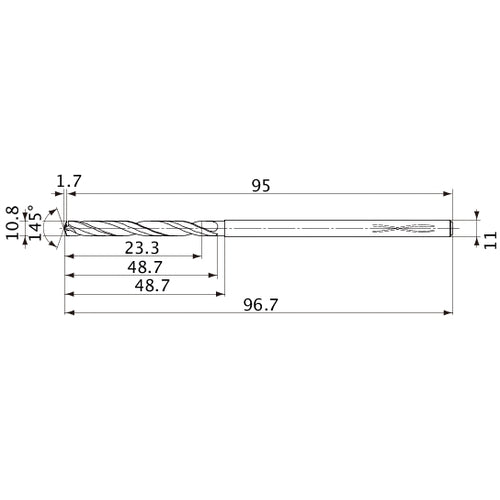 MVS1080X02S110PL DP1020 10.8 mm Dia. × 11 mm Shank × 48.7 mm Flute Length × 96.7 mm OAL, 145°, 2 Flute, Coolant Thru, Solid Carbide Drill