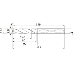 MVS1090X05S110 DP1020 10.9 mm Dia. × 11 mm Shank × 90 mm Flute Length × 151 mm OAL, 140°, 2 Flute, Coolant Thru, Solid Carbide Drill