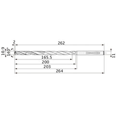 MVS1090X15S110 DP1020 10.9 mm Dia. × 11 mm Shank × 200 mm Flute Length × 264 mm OAL, 140°, 2 Flute, Coolant Thru, Solid Carbide Drill