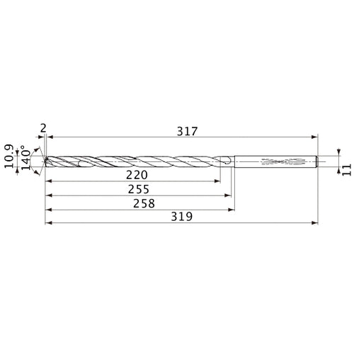 MVS1090X20S110 DP1020 10.9 mm Dia. × 11 mm Shank × 255 mm Flute Length × 319 mm OAL, 140°, 2 Flute, Coolant Thru, Solid Carbide Drill