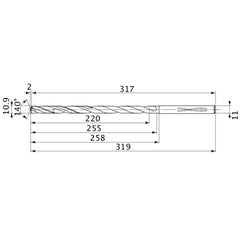 MVS1090X20S110 DP1020 10.9 mm Dia. × 11 mm Shank × 255 mm Flute Length × 319 mm OAL, 140°, 2 Flute, Coolant Thru, Solid Carbide Drill