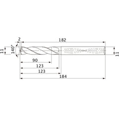 MVS1100X08S110 DP1020 11 mm Dia. × 11 mm Shank × 123 mm Flute Length × 184 mm OAL, 140°, 2 Flute, Coolant Thru, Solid Carbide Drill