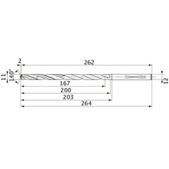 MVS1100X15S120 DP1020 11 mm Dia. × 12 mm Shank × 200 mm Flute Length × 264 mm OAL, 140°, 2 Flute, Coolant Thru, Solid Carbide Drill