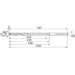 MVS1100X20S120 DP1020 11 mm Dia. × 12 mm Shank × 255 mm Flute Length × 319 mm OAL, 140°, 2 Flute, Coolant Thru, Solid Carbide Drill