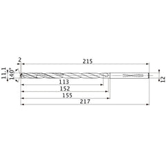MVS1110X10S120 DP1020 11.1 mm Dia. × 12 mm Shank × 152 mm Flute Length × 217 mm OAL, 140°, 2 Flute, Coolant Thru, Solid Carbide Drill