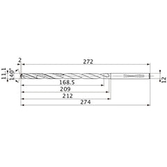 MVS1110X15S120 DP1020 11.1 mm Dia. × 12 mm Shank × 209 mm Flute Length × 274 mm OAL, 140°, 2 Flute, Coolant Thru, Solid Carbide Drill