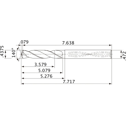 MVS1111X08S120 DP1020 7/16″ Dia. × 0.472″ Shank × 5.079″ Flute Length × 7.717″ OAL, 140°, 2 Flute, Coolant Thru, Solid Carbide Drill