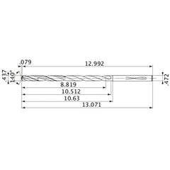 MVS1111X20S120 DP1020 0.437″ Dia. × 0.472″ Shank × 10.512″ Flute Length × 13.071″ OAL, 140°, 2 Flute, Coolant Thru, Solid Carbide Drill
