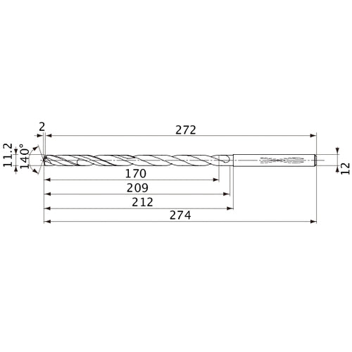 MVS1120X15S120 DP1020 11.2 mm Dia. × 12 mm Shank × 209 mm Flute Length × 274 mm OAL, 140°, 2 Flute, Coolant Thru, Solid Carbide Drill