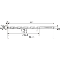 MVS1140X15S120 DP1020 11.4 mm Dia. × 12 mm Shank × 209.1 mm Flute Length × 274.1 mm OAL, 140°, 2 Flute, Coolant Thru, Solid Carbide Drill