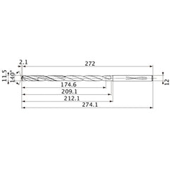 MVS1150X15S120 DP1020 11.5 mm Dia. × 12 mm Shank × 209.1 mm Flute Length × 274.1 mm OAL, 140°, 2 Flute, Coolant Thru, Solid Carbide Drill