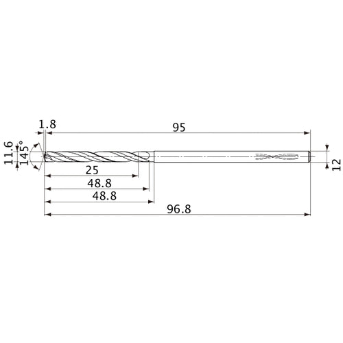 MVS1160X02S120PL DP1020 11.6 mm Dia. × 12 mm Shank × 48.8 mm Flute Length × 96.8 mm OAL, 145°, 2 Flute, Coolant Thru, Solid Carbide Drill
