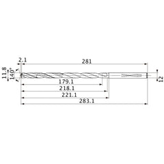 MVS1180X15S120 DP1020 11.8 mm Dia. × 12 mm Shank × 218.1 mm Flute Length × 283.1 mm OAL, 140°, 2 Flute, Coolant Thru, Solid Carbide Drill