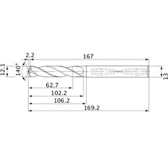 MVS1210X05S130 DP1020 12.1 mm Dia. × 13 mm Shank × 102.2 mm Flute Length × 169.2 mm OAL, 140°, 2 Flute, Coolant Thru, Solid Carbide Drill