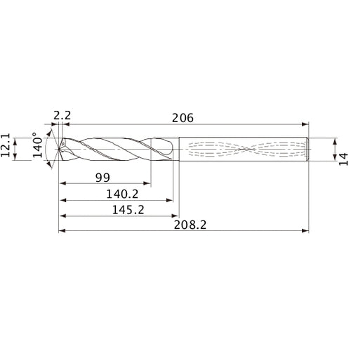 MVS1210X08S140 DP1020 12.1 mm Dia. × 14 mm Shank × 140.2 mm Flute Length × 208.2 mm OAL, 140°, 2 Flute, Coolant Thru, Solid Carbide Drill