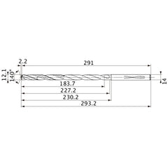 MVS1210X15S140 DP1020 12.1 mm Dia. × 14 mm Shank × 227.2 mm Flute Length × 293.2 mm OAL, 140°, 2 Flute, Coolant Thru, Solid Carbide Drill