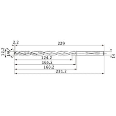 MVS1220X10S140 DP1020 12.2 mm Dia. × 14 mm Shank × 165.2 mm Flute Length × 231.2 mm OAL, 140°, 2 Flute, Coolant Thru, Solid Carbide Drill