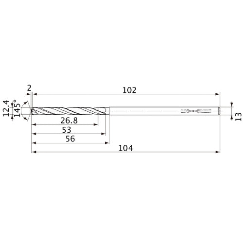 MVS1240X02S130PL DP1020 12.4 mm Dia. × 13 mm Shank × 53 mm Flute Length × 104 mm OAL, 145°, 2 Flute, Coolant Thru, Solid Carbide Drill