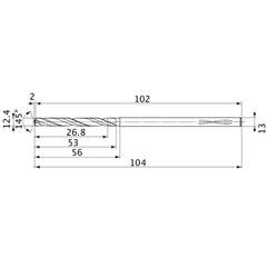 MVS1240X02S130PL DP1020 12.4 mm Dia. × 13 mm Shank × 53 mm Flute Length × 104 mm OAL, 145°, 2 Flute, Coolant Thru, Solid Carbide Drill