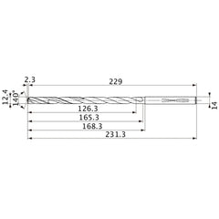 MVS1240X10S140 DP1020 12.4 mm Dia. × 14 mm Shank × 165.3 mm Flute Length × 231.3 mm OAL, 140°, 2 Flute, Coolant Thru, Solid Carbide Drill