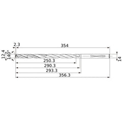 MVS1240X20S140 DP1020 12.4 mm Dia. × 14 mm Shank × 290.3 mm Flute Length × 356.3 mm OAL, 140°, 2 Flute, Coolant Thru, Solid Carbide Drill