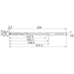 MVS1250X10S140 DP1020 12.5 mm Dia. × 14 mm Shank × 165.3 mm Flute Length × 231.3 mm OAL, 140°, 2 Flute, Coolant Thru, Solid Carbide Drill
