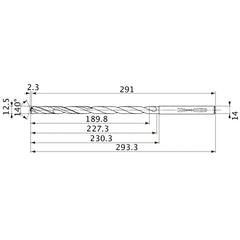 MVS1250X15S140 DP1020 12.5 mm Dia. × 14 mm Shank × 227.3 mm Flute Length × 293.3 mm OAL, 140°, 2 Flute, Coolant Thru, Solid Carbide Drill