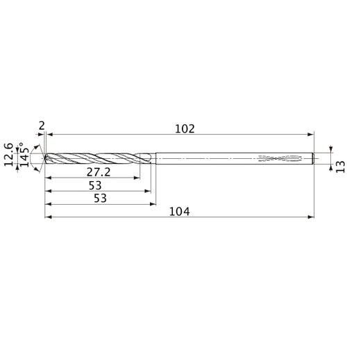 MVS1260X02S130PL DP1020 12.6 mm Dia. × 13 mm Shank × 53 mm Flute Length × 104 mm OAL, 145°, 2 Flute, Coolant Thru, Solid Carbide Drill