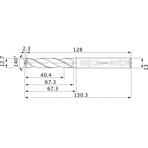 MVS1270X03S130 DP1020 12.7 mm Dia. × 13 mm Shank × 67.3 mm Flute Length × 130.3 mm OAL, 140°, 2 Flute, Coolant Thru, Solid Carbide Drill