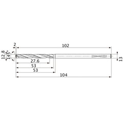 MVS1280X02S130PL DP1020 12.8 mm Dia. × 13 mm Shank × 53 mm Flute Length × 104 mm OAL, 145°, 2 Flute, Coolant Thru, Solid Carbide Drill
