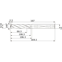 MVS1280X05S130 DP1020 12.8 mm Dia. × 13 mm Shank × 106.3 mm Flute Length × 169.3 mm OAL, 140°, 2 Flute, Coolant Thru, Solid Carbide Drill