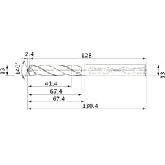 MVS1300X03S130 DP1020 13 mm Dia. × 13 mm Shank × 67.4 mm Flute Length × 130.4 mm OAL, 140°, 2 Flute, Coolant Thru, Solid Carbide Drill
